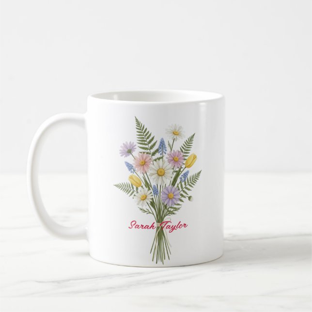Watercolor Birth Flower Daisy Personalized Mug (Gauche)