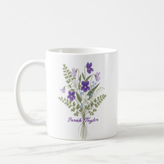 Watercolor Birth Flower Violet Personalized Mug Kaffeetasse (Links)