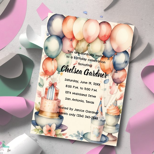 Watercolor Birthday Balloons Cake Food Einladung (Von Creator hochgeladen)