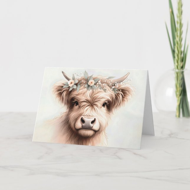 Watercolor Birthday Highland Cow Karte (Vorderseite)