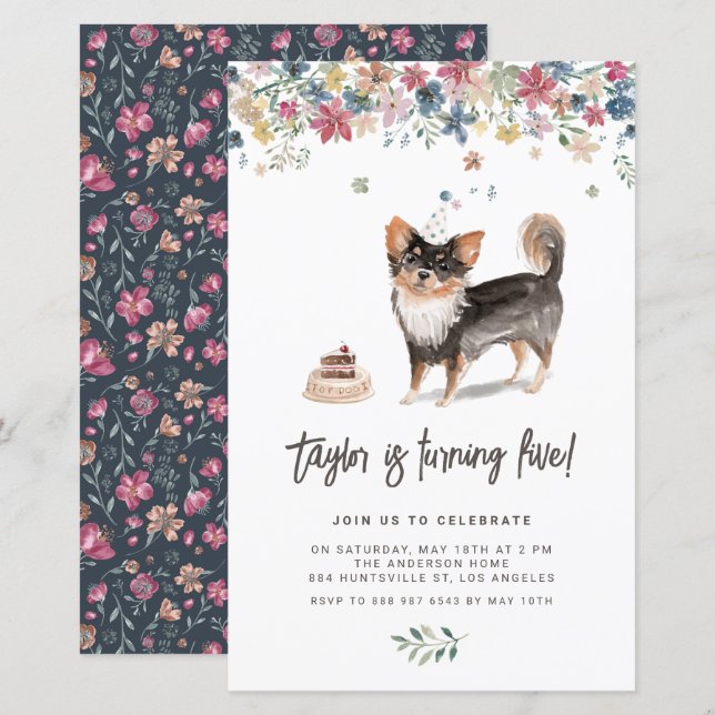 Watercolor Black Chihuahua Hund Birthday Einladung (Vorne/Hinten)