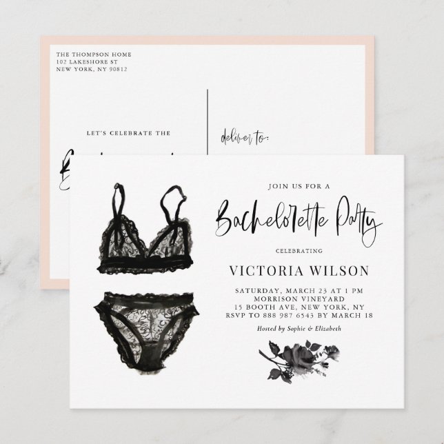 Watercolor Black Lace Lingerie Junggeselinnen-Absc Einladungspostkarte (Vorne/Hinten)
