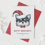 Watercolor Black Long Hair Chihuahua Dog Weihnacht Feiertagskarte<br><div class="desc">Heiße Weihnachten! Versenden Sie mit einer Weihnachtskarte zum Thema Hund Weihnachtsgrüße an Familie und Freunde. Es zeigt eine Aquarellillustrierung eines niedlichen, schwarz langen Haars Chihuahua mit einer Weihnachtsmannmütze und tartan bug Krawatte. Die Texte sind vollständig editierbar. Personalisieren Sie diese, indem Sie einen Gruß, Namen und eine Nachricht hinzufügen. Diese Chihuahua...</div>