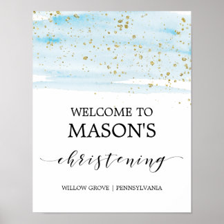 Watercolor Blau & Gold Sparkon Christening Willkom Poster
