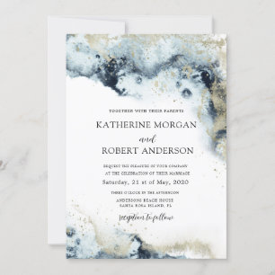 Watercolor Blau und Gold Minimalistische Hochzeit Einladung