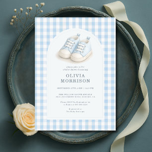 Watercolor Blaue Schuhe Gingham-Baby-Party Einladung