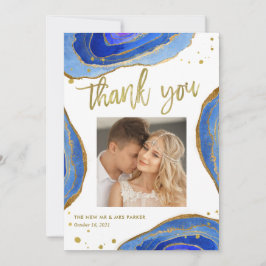 Watercolor blaues Geode mit Wedding Foto des Gold| Dankeskarte