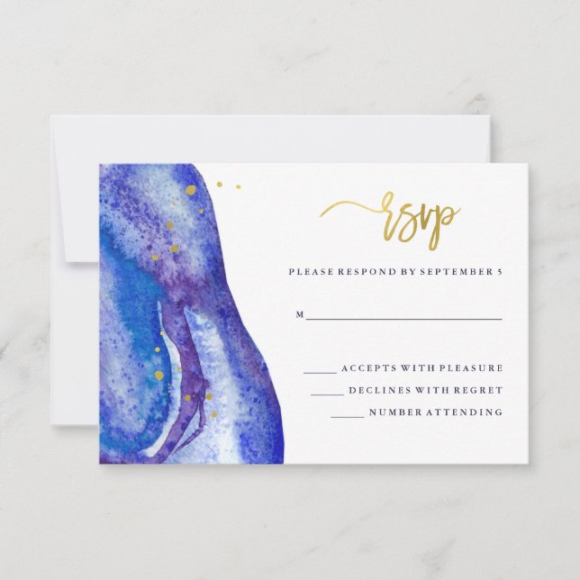 Watercolor blaues Geode und Imitat-Goldhochzeit RSVP Karte (Vorderseite)