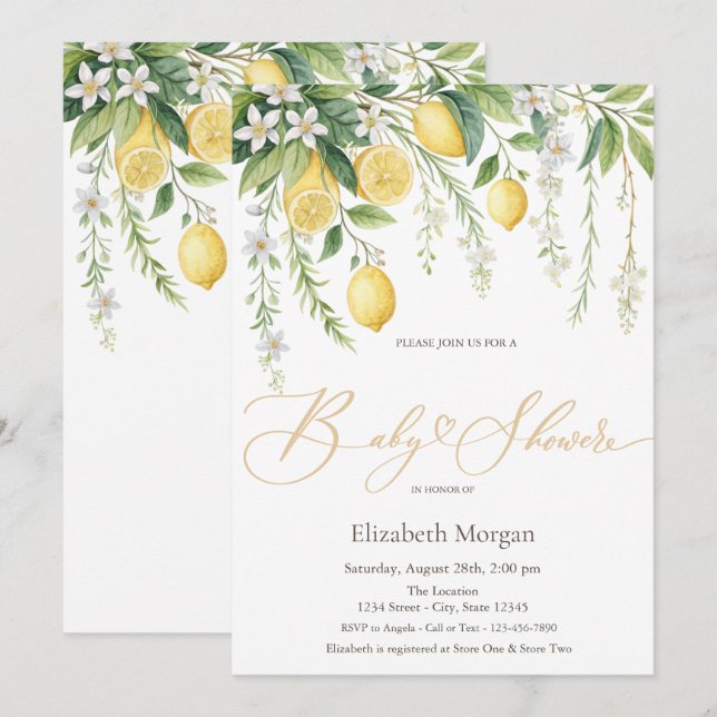  Watercolor Blooming Lemons Baby Shower Einladung (Vorne/Hinten)