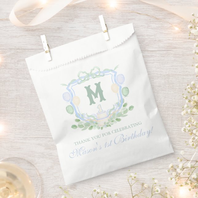 Watercolor Blue 1st Birthday Monogram Crest Gift Geschenktütchen (Ausgeschnitten)