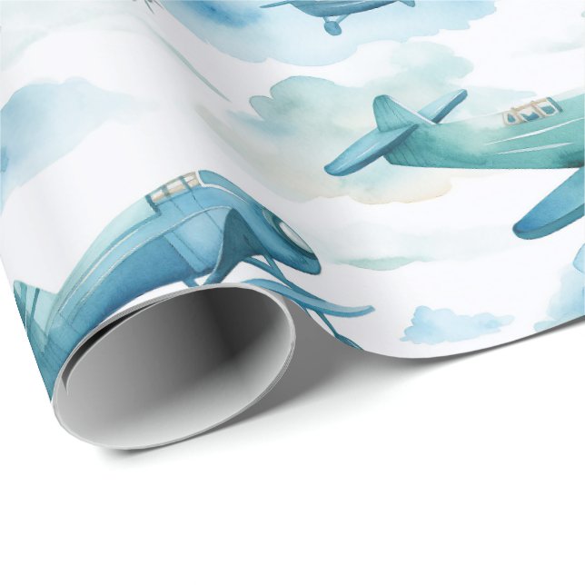 Watercolor Blue Airplane Nursery Design, Soft Sky  Geschenkpapier (Rolleneckpunkt)