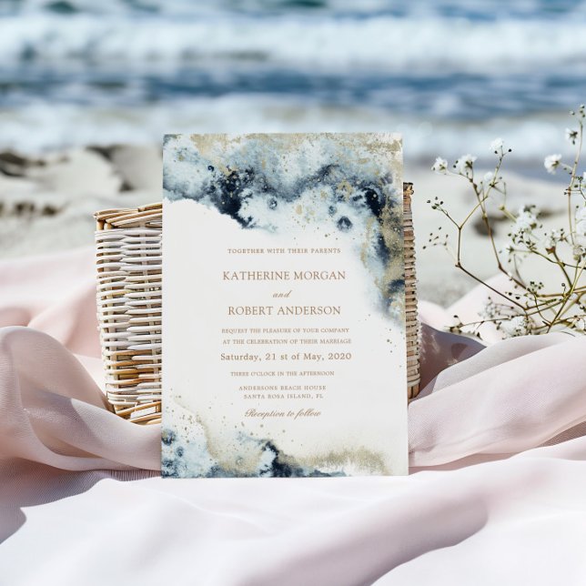 Watercolor Blue and Gold Minimalistische Hochzeit Einladung (Von Creator hochgeladen)
