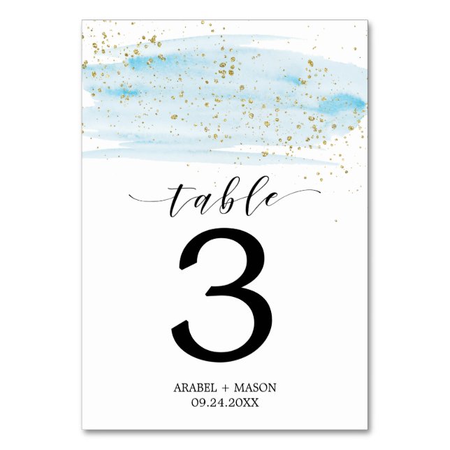 Watercolor Blue and Gold Wedding Tischnummer (Vorderseite)