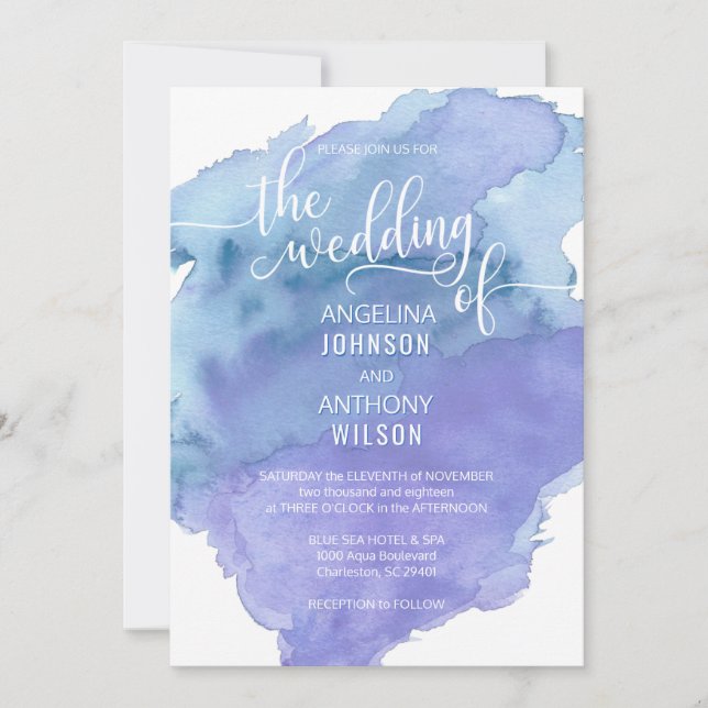 Watercolor Blue Aquamarin Beach Hochzeitseinladung Einladung (Vorderseite)