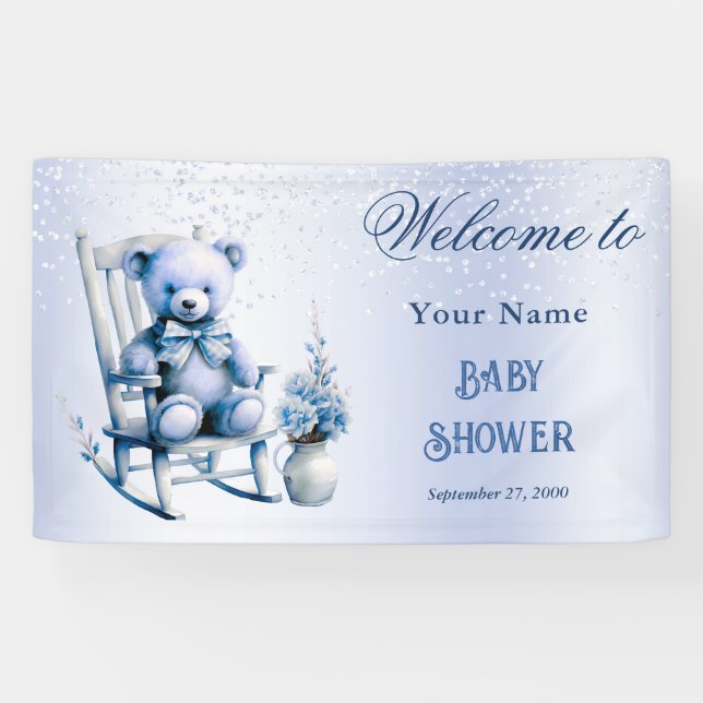 Watercolor Blue Baby Bear Baby Dusche Willkommen Banner (Horizontal)