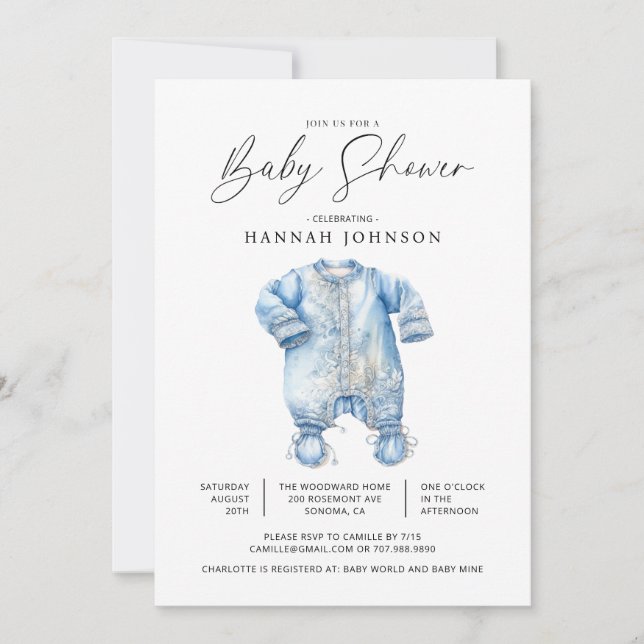 Watercolor Blue Baby Clothes Boy Dusche Einladung (Vorderseite)
