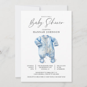 Watercolor Blue Baby Clothes Boy Dusche Einladung