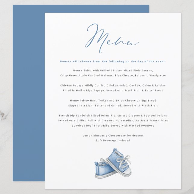 Watercolor Blue Baby Shoes Baby Shower Menü (Vorne/Hinten)