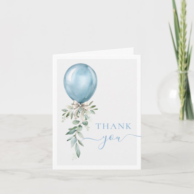Watercolor Blue Balloon Bow Greenery Dankeskarte (Vorderseite)