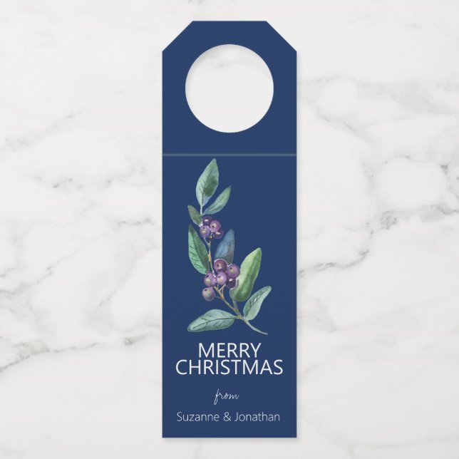 Watercolor Blue Berry Verlasse Weihnachten Flaschenanhänger (Vorderseite)