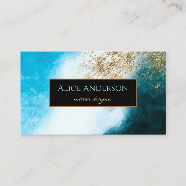 Watercolor Blue Black Gold Glitzer Designer Visitenkarte (Vorderseite)