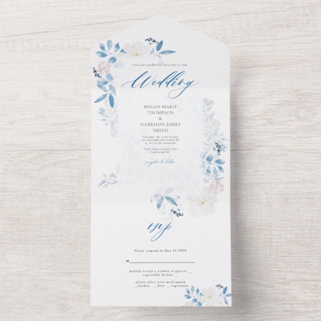Watercolor Blue Blume Hochzeit Einladung (Innen)