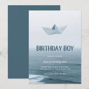 Watercolor Blue Boat Boy Geburtstagsparty Einladun Einladung