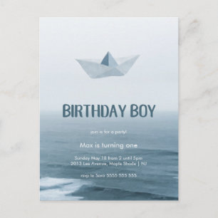 Watercolor Blue Boat Boy Geburtstagsparty Einladun Einladungspostkarte