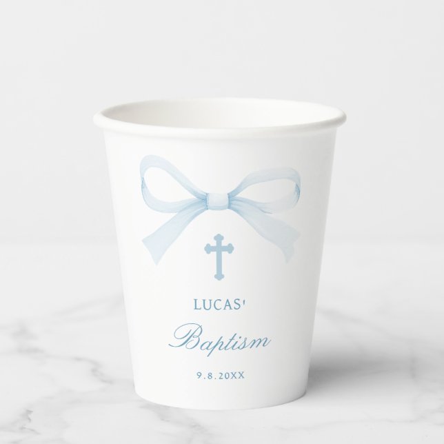 Watercolor Blue Bow Baptism Pappbecher (Vorderseite)