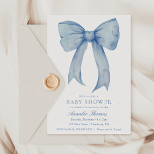 Watercolor Blue Bow Boy Baby Dusche Einladung