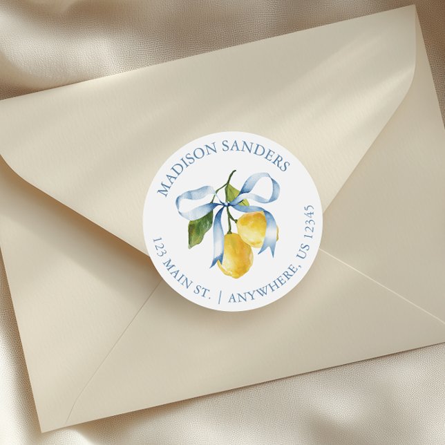 Watercolor Blue Bow Lemons Adresse Runder Aufkleber (Von Creator hochgeladen)