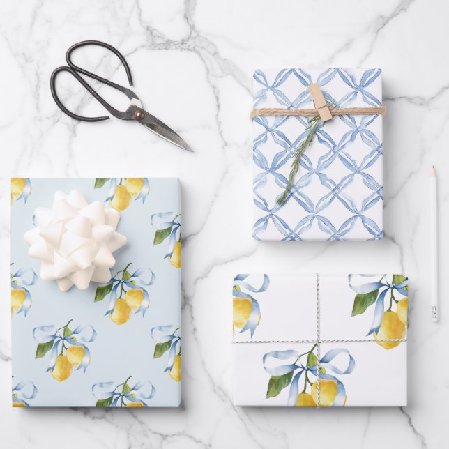 Watercolor Blue Bow Lemons Geschenkpapier Set (Vorderseite)