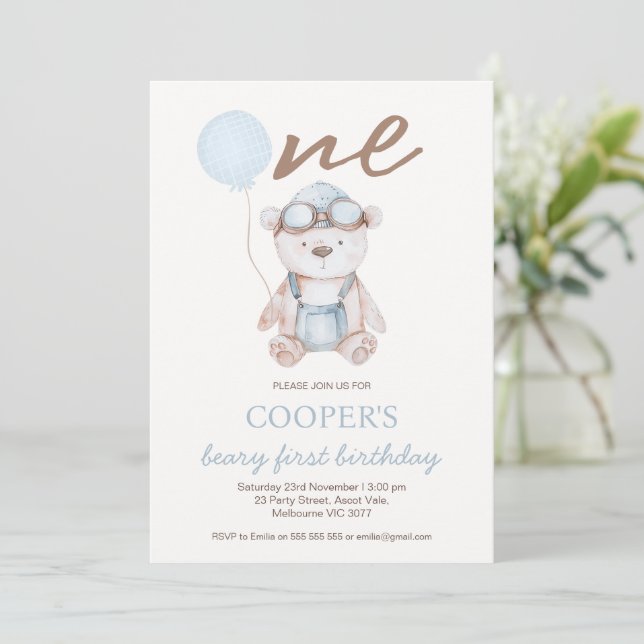 Watercolor Blue Brown Beary First Birthday  Einladung (Stehend Vorderseite)