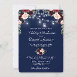Watercolor Blue Burgundy Floral Lights Wedding W Einladung