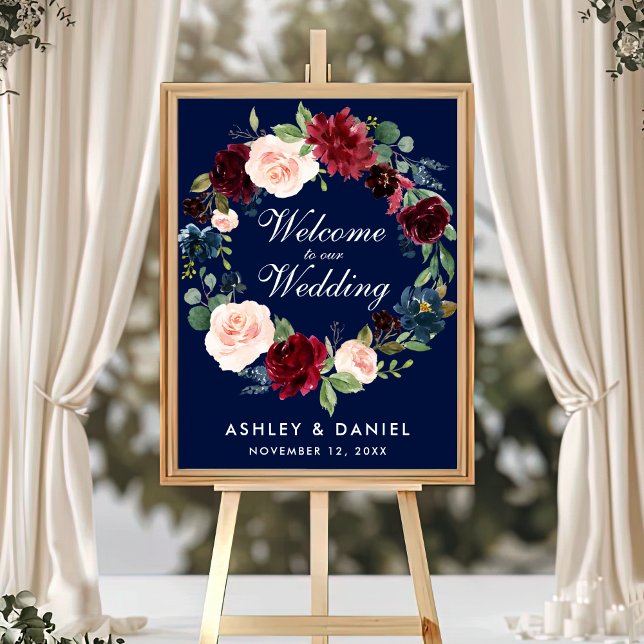 Watercolor Blue Burgundy Floral Wedding Willkommen Poster (Customize to change text color, text size, text style or size of poster.)