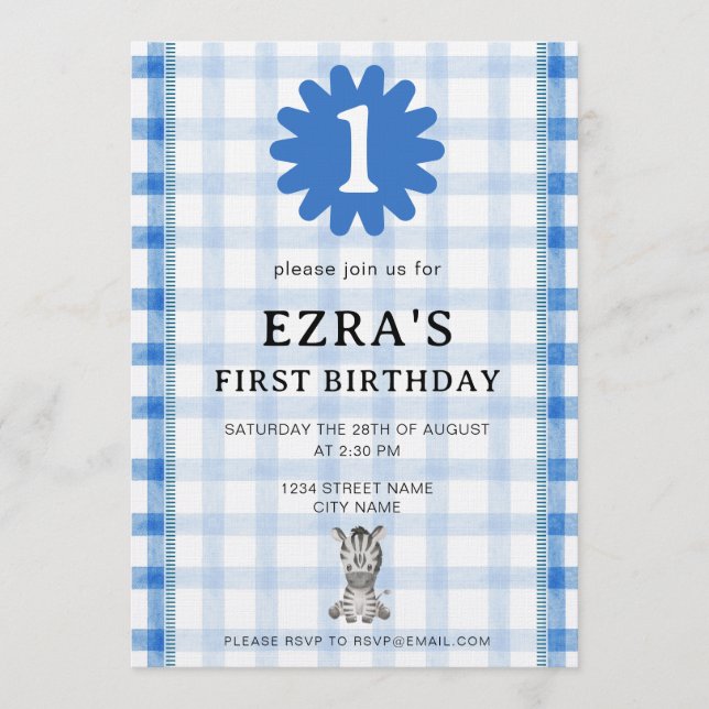 Watercolor Blue Check Koala Birthday Invitation Einladung (Vorderseite)