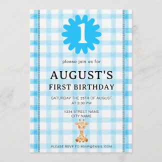 Watercolor Blue Check Koala Birthday Invitation Einladung