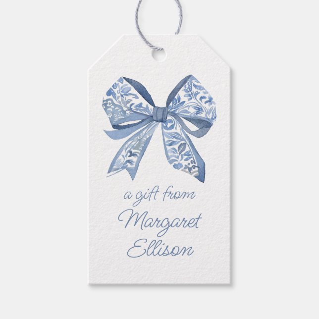 Watercolor Blue Chinoiserie Bow Geschenkanhänger (Vorderseite)