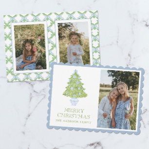 Watercolor Blue Chinoiserie Weihnachtsbaum Foto Feiertagskarte