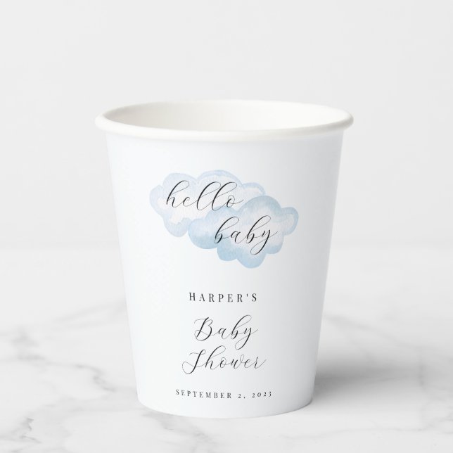 Watercolor Blue Cloud Baby Dusche Pappbecher (Vorderseite)