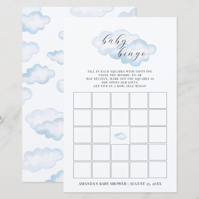 Watercolor Blue Cloud Baby Shower Baby Bingo (Vorne/Hinten)