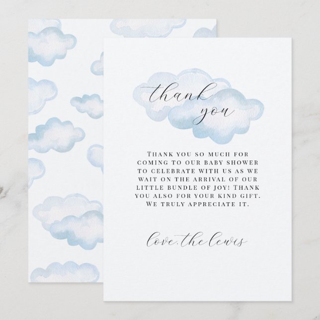 Watercolor Blue Cloud Baby shower merci cartes (Devant / Derrière)