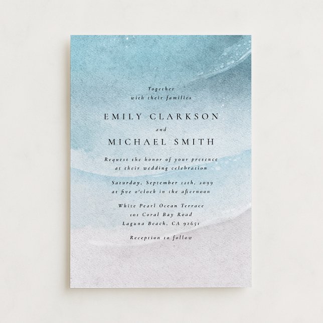 Watercolor Blue Coastal Beach Wedding Invitation Ankündigung (Von Creator hochgeladen)