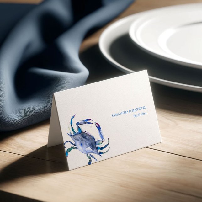 Watercolor Blue Crab Coastal Wedding Platzkarte (Crab place cards in shades of blue watercolor art by Victoria Grigaliunas Do Tell A Belle)