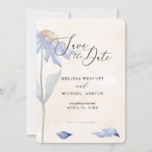 Watercolor Blue Daisy Wedding Soft Peach