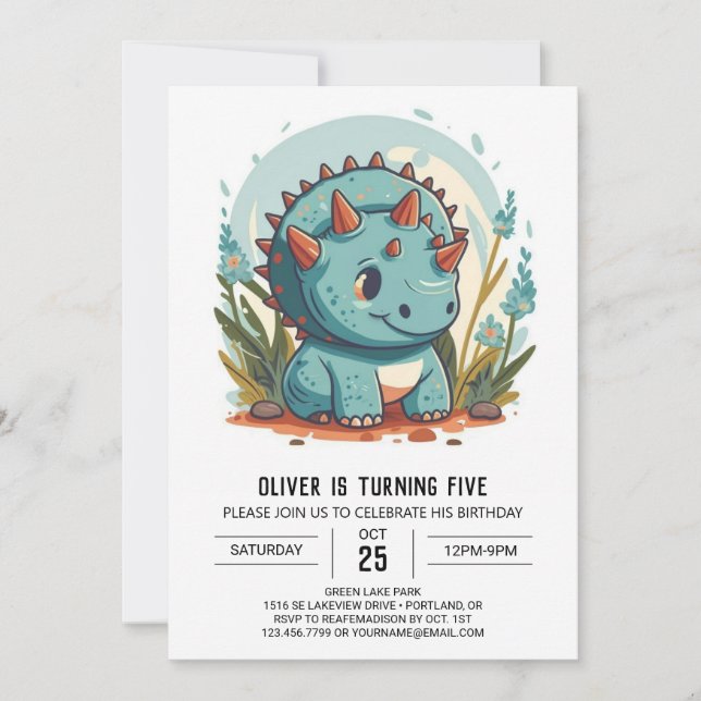 Watercolor Blue Dinosaurier Boy Birthday Einladung (Vorderseite)