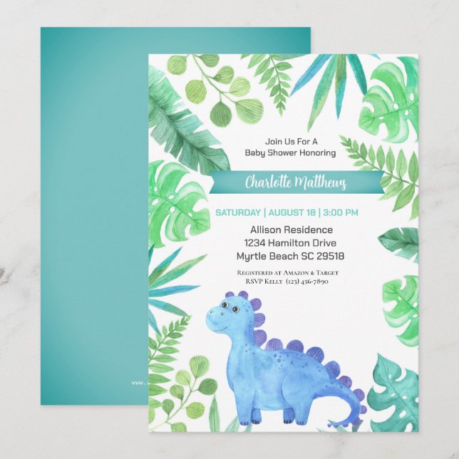 Watercolor Blue Dinosaurier Boys Baby Dusche Einladung (Vorne/Hinten)