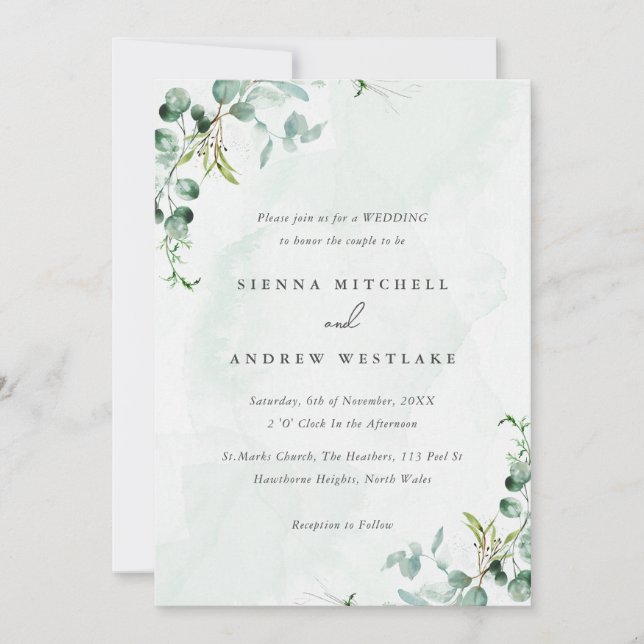 Watercolor Blue Eucalyptus Greenerity Wedding Einladung (Vorderseite)