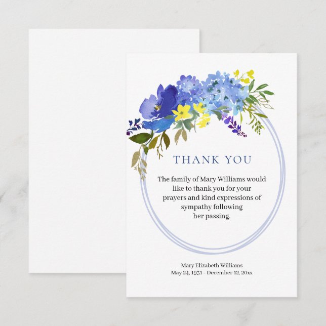 Watercolor Blue Floral Beerdigung Danke Karte (Vorne/Hinten)