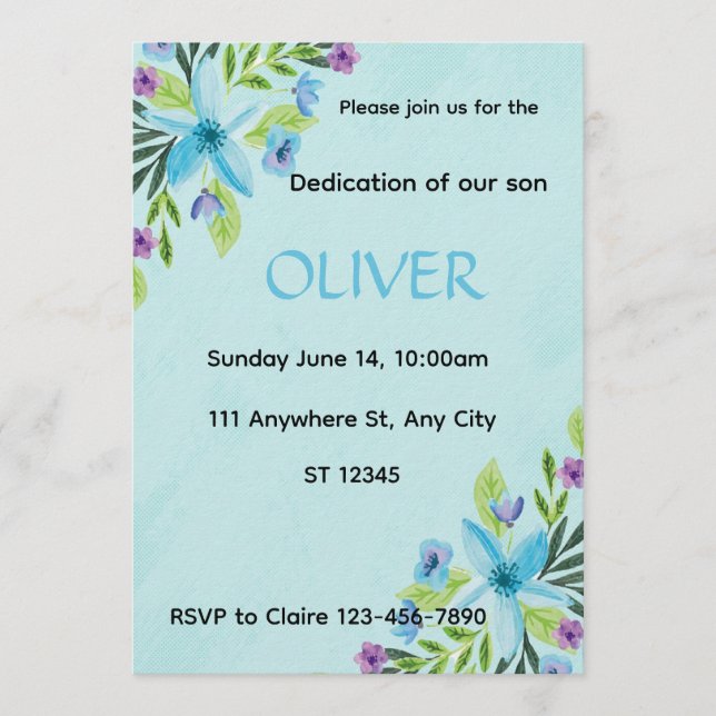 ​Watercolor Blue Floral  Boy Dedication Invitation Einladung (Vorderseite)
